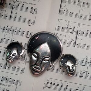 Vintage Silver and Black Tribal Mask Brooch and Earrings Set
